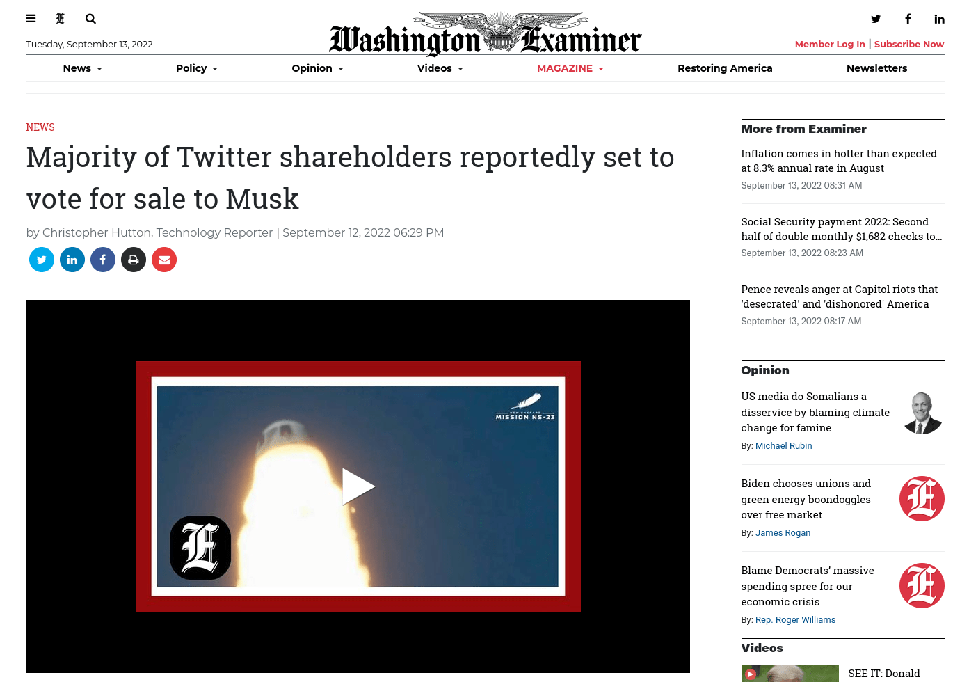 Washington Examiner - Twitter to sell to Musk